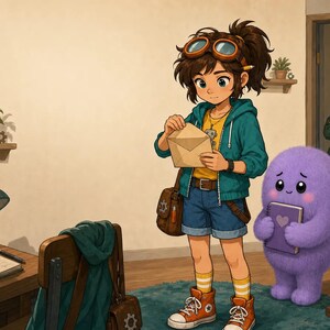 May include: A cartoon character with brown hair and goggles holds a tan envelope. The character wears a teal hoodie, yellow shirt, blue denim shorts, and orange sneakers. Beside them stands a small, fuzzy purple creature holding a purple book.