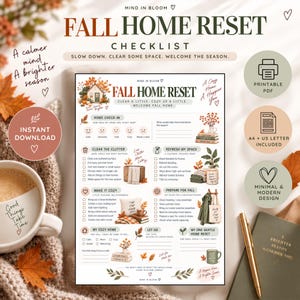 Può includere: Una lista di controllo stampabile per il riordino della casa in autunno, con sezioni per il check-in, il decluttering e la preparazione. Il documento include testo, icone e illustrazioni a tema autunnale come foglie, una casa e libri.