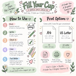May include: A digital instructional guide titled Fill Your Cup, A Gentle Daily Check-In, featuring pastel-colored sections. It outlines five steps for use, including print, write, check in, color, and feel better, alongside print options for A4 and 8.5 x 11 inch US Letter sizes, decorated with small heart and flower illustrations.