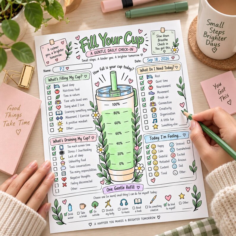 May include: A daily check-in paper tracker titled Fill Your Cup with sections for tracking habits, feelings, and needs. The center features a large illustration of a water bottle with percentage markers, surrounded by floral accents and checkboxes.
