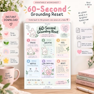 Può includere: Un foglio di lavoro stampabile 60-Second Grounding Reset con sei passaggi numerati e illustrazioni pastello di un coniglietto bianco. Il testo include istruzioni per fermarsi, respirare, sentire, notare, tornare al presente e resettare.