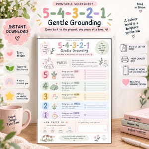May include: A printable 5-4-3-2-1 Gentle Grounding worksheet featuring pastel colours and illustrations of a rabbit, plant, blanket, musical notes, flower, mug, and cat. The text includes instructions for sensory grounding and a now check-in section.