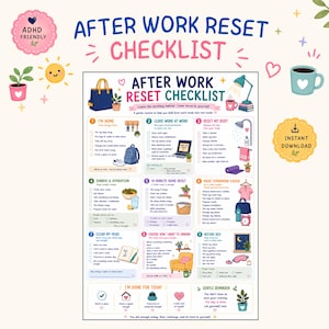 Puede incluir: Una lista de control titulada After Work Reset Checklist con nueve secciones numeradas que incluyen ilustraciones de objetos cotidianos como un bolso, portátil, ducha, cena, cesta de ropa, ropa, libro, silla y cama, junto a textos de rutinas diarias.