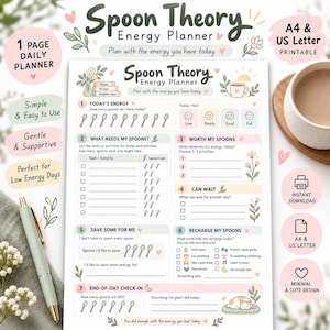 May include: A printable Spoon Theory Energy Planner page featuring seven sections for daily tracking. The layout includes fields for energy levels, task prioritization, spoon cost estimation, and end-of-day check-ins, decorated with soft floral illustrations.