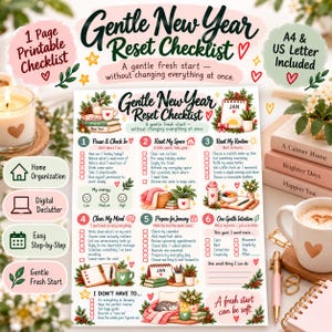 Op de afbeelding: Een printbare Gentle New Year Reset Checklist met zes genummerde secties, selectievakjes, illustraties van planten, boeken en een kalender, inclusief de tekst A gentle fresh start without changing everything at once.