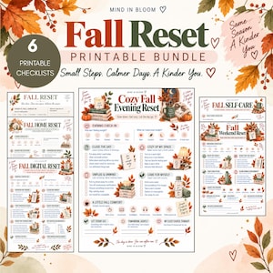 Może przedstawiać: Zestaw list kontrolnych do druku Fall Reset z jesiennymi ilustracjami liści, dyń i przytulnych przedmiotów. Tekst zawiera Fall Reset, Printable Bundle, Small Steps, Calmer Days, A Kinder You oraz Cozy Fall Evening Reset.