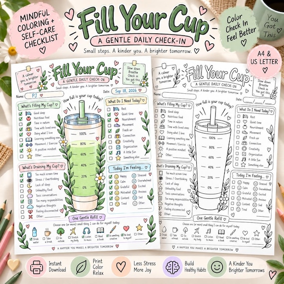 Fill Your Cup Self-Care Checklist, Mindful Coloring Worksheet (Digital Download)
