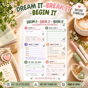 Pode incluir: Uma folha de planeamento de objetivos imprimível intitulada Dream It, Break It, Begin It. O documento apresenta seis secções numeradas com sugestões, caixas de verificação e ilustrações florais em cores pastel suaves, concebidas para organizar tarefas.