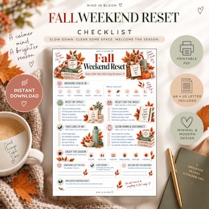 Könnte beinhalten: Eine Fall Weekend Reset Checkliste mit Abschnitten für Wochenend-Check-ins, Raumgestaltung, Wochenplanung, Selbstfürsorge und Entspannung. Das Dokument enthält herbstliche Illustrationen wie Blätter, Kürbisse und Tassen sowie Textaufforderungen zur saisonalen Reflexion.