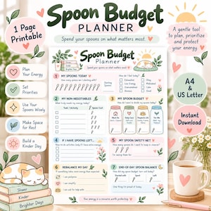 May include: A Spoon Budget Planner printable sheet featuring seven sections for energy management. The document includes illustrations of a cat, plants, and jars, with text prompts for daily tasks, spoon counts, and energy balance tracking on a white background.