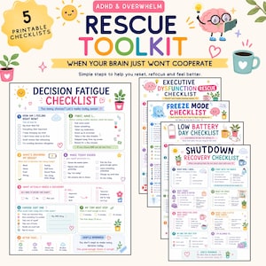 Puede incluir: Un conjunto de cinco listas de verificación imprimibles tituladas ADHD & Overwhelm Rescue Toolkit, con ilustraciones coloridas de un cerebro, una taza de café y plantas. Las páginas incluyen Decision Fatigue, Executive Dysfunction, Freeze Mode y Shutdown Recovery.