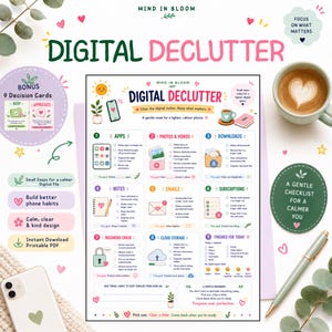 Könnte beinhalten: Eine digitale Aufräum-Checkliste als druckbares PDF mit neun nummerierten Schritten zum Organisieren von Apps, Fotos, E-Mails und Abonnements. Das Dokument enthält eine Passwortprüfung, Tipps für Cloud-Speicher und einen täglichen Fortschrittstracker.