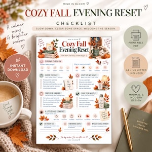 May include: A digital checklist titled Cozy Fall Evening Reset with sections for evening check-in, closing the day, cozying up space, unplugging, and self-care. The document features autumn leaf illustrations, a candle, a mug, and text prompts.