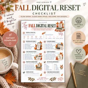 Pode incluir: Uma lista de verificação Fall Digital Reset com seções para check-in digital, limpeza de telefone, gestão de e-mail, organização de fotos e limites digitais, incluindo ilustrações de folhas de outono e caixas de seleção para progresso.