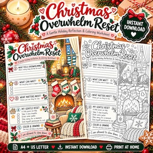 May include: Two Christmas Overwhelm Reset worksheets featuring a gentle holiday reflection and coloring activity. The design includes a fireplace, stockings, books, and a cozy chair, with numbered prompts for reflection and space for notes.