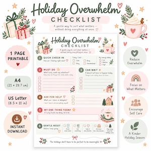 May include: A Holiday Overwhelm Checklist printable document featuring sections for quick check-ins, must-do tasks, and gentle resets. The design includes festive illustrations of gifts, a mug, and a house, with text in English for A4 and US Letter sizes.