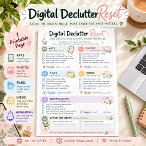 Może przedstawiać: Drukowalna strona z listą kontrolną Digital Declutter Reset zawierająca sześć sekcji: Apps, Photos, Files, Inbox, Notifications oraz After the Reset. Dokument zawiera pola wyboru, listy zadań i małe cele do porządkowania przestrzeni cyfrowych, sformatowane dla formatów A4 i US Letter.