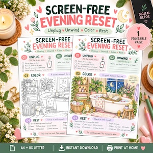 Può includere: Un foglio di attività stampabile Screen-Free Evening Reset con quattro passaggi: Unplug, Unwind, Color e Rest. La pagina include liste di controllo, suggerimenti per la scrittura e un'illustrazione dettagliata di un bagno con vasca.