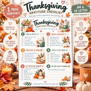 Puede incluir: Una página imprimible Thanksgiving Gratitude Checklist con seis secciones numeradas y preguntas de reflexión, decorada con ilustraciones de calabazas, hojas de otoño, tazas y velas, incluyendo el texto Thanksgiving Gratitude Checklist.