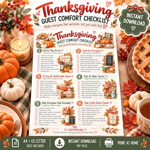 Thanksgiving Hosting Checklist Printable, Guest Comfort Planner, Holiday Dinner Prep, Thanksgiving Party PDF
