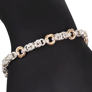 Silver and Gold Fill Link Bracelet, Mixed metals two tone chainmaille jewelry with Lovers Knots