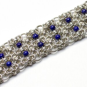 Sterling Silver and Lapis Bracelet, Chainmaille Cuff with Blue Beads, Southwestern Style image 3