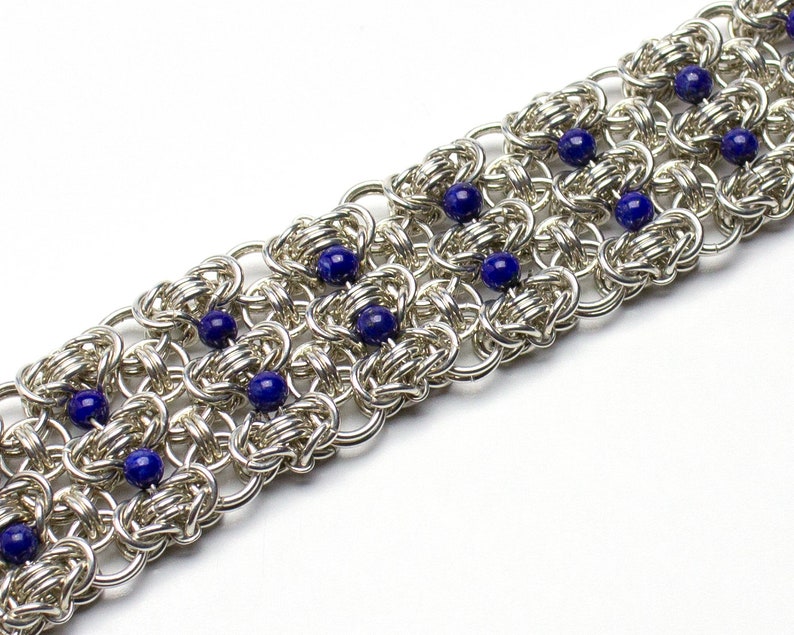 Sterling Silver and Lapis Bracelet, Chainmaille Cuff with Blue Beads, Southwestern Style image 3