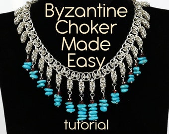 Chainmaille necklace Tutorial, Jewelry Instructions, Byzantine Weave, Turquoise and Silver, Chainmaille Jewelry Instructions