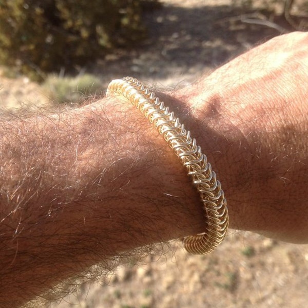 Man's Gold chain bracelet, 14K gold filled, heavy chainmail jewelry for men with lobster claw