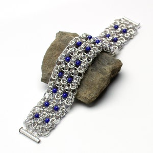 Sterling Silver and Lapis Bracelet, Chainmaille Cuff with Blue Beads, Southwestern Style image 2