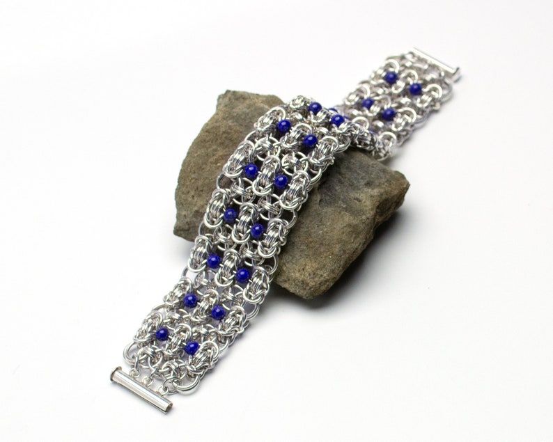 Sterling Silver and Lapis Bracelet, Chainmaille Cuff with Blue Beads, Southwestern Style image 2