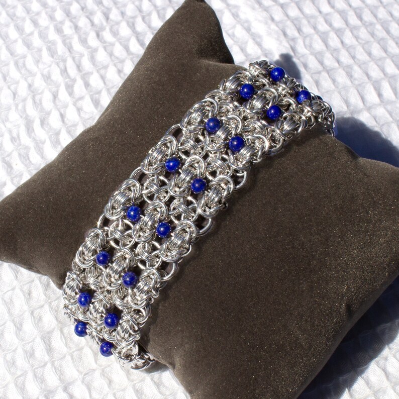 Sterling Silver and Lapis Bracelet, Chainmaille Cuff with Blue Beads, Southwestern Style image 4