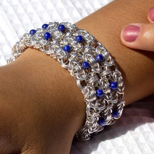 Sterling Silver and Lapis Bracelet, Chainmaille Cuff with Blue Beads, Southwestern Style image 1