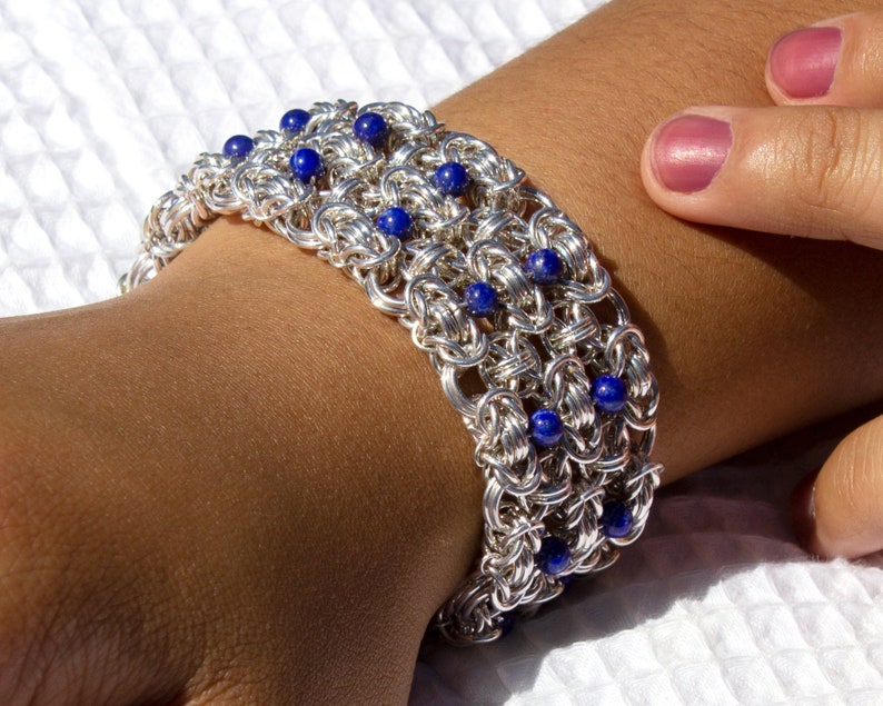 Sterling Silver and Lapis Bracelet, Chainmaille Cuff with Blue Beads, Southwestern Style image 1