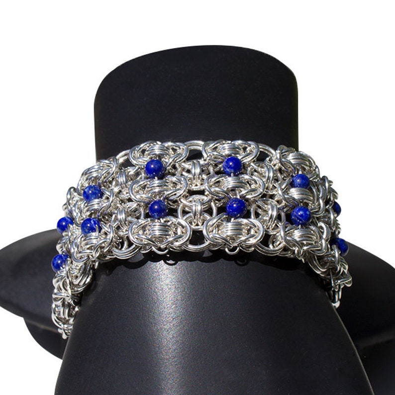 Sterling Silver and Lapis Bracelet, Chainmaille Cuff with Blue Beads, Southwestern Style image 5