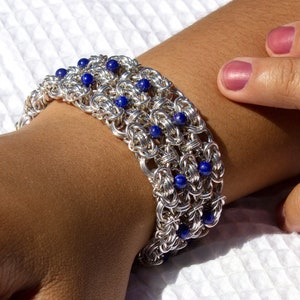 Sterling Silver and Lapis Bracelet, Chainmaille Cuff with Blue Beads, Southwestern Style image 10