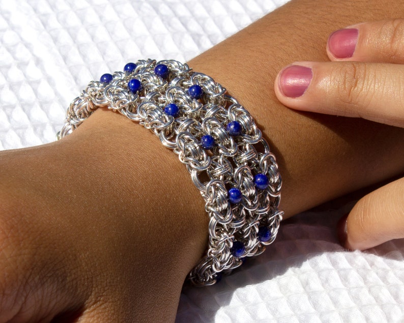 Sterling Silver and Lapis Bracelet, Chainmaille Cuff with Blue Beads, Southwestern Style image 10