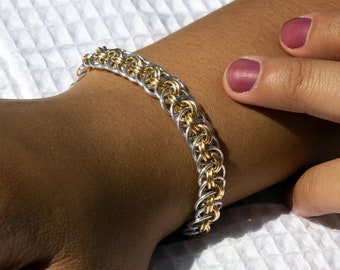 Gold and Silver Link Chain Bracelet, Sterling Silver and 14K Gold Filled Fine Jewelry, Mixed Metals, Chainmail Bracelet