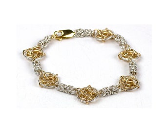 Silver chain with gold filled flowers, two tone chain bracelet, custom length