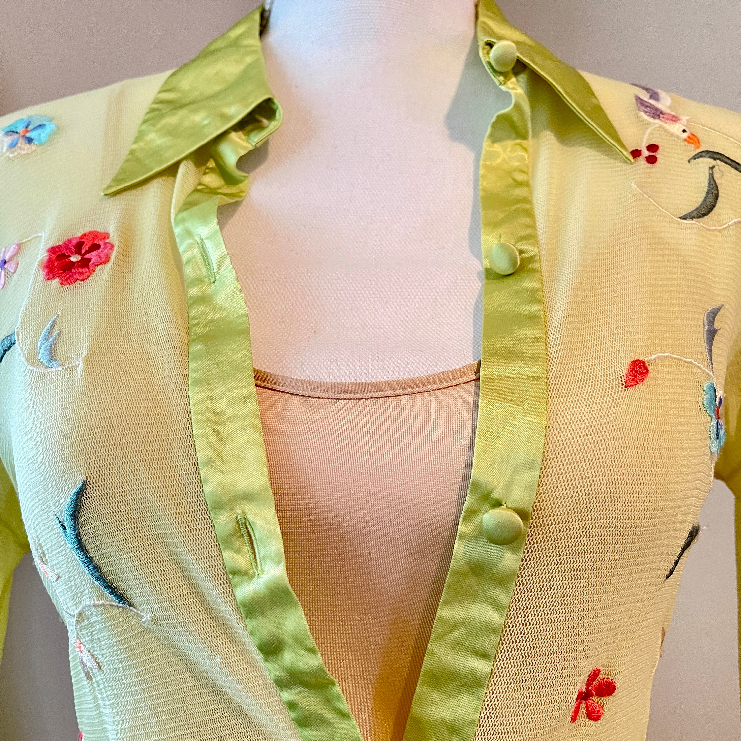 1990s Vivienne Tam Collar and Cuff Lime Green Embroidered Shirt 