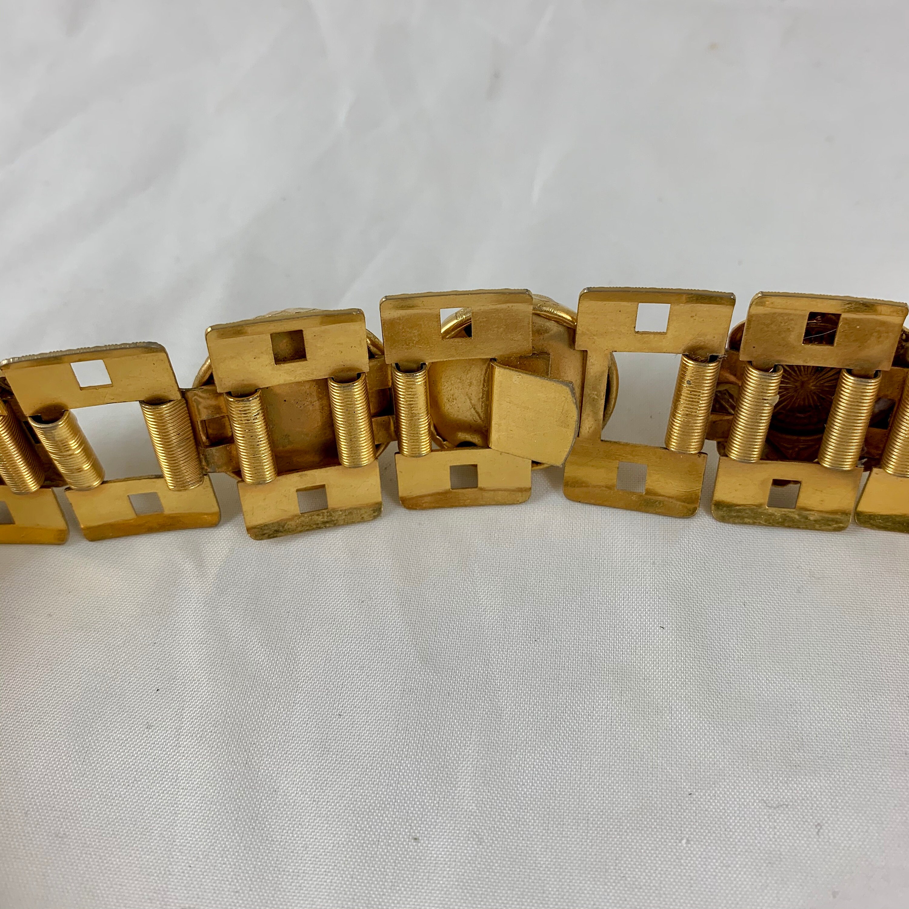 Paris 1960s Era Gold-Tone Metal and Bakelite Jeweled Medallion Handmade Belt Harwill NY Vintage gold belt faux pearls medallion boho 70s  main image 4