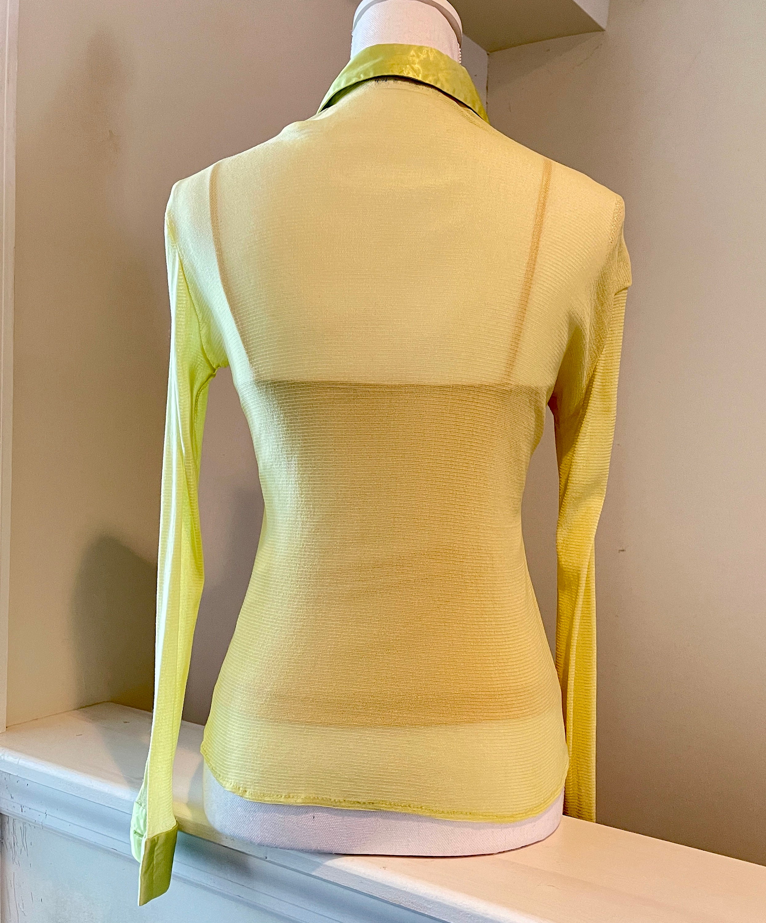 1990s Vivienne Tam Collar and Cuff Lime Green Embroidered Shirt 