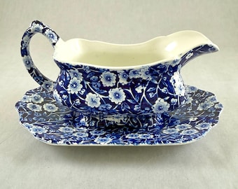 Staffordshire Crownford China Blue Calico Gravy Boat and Stand