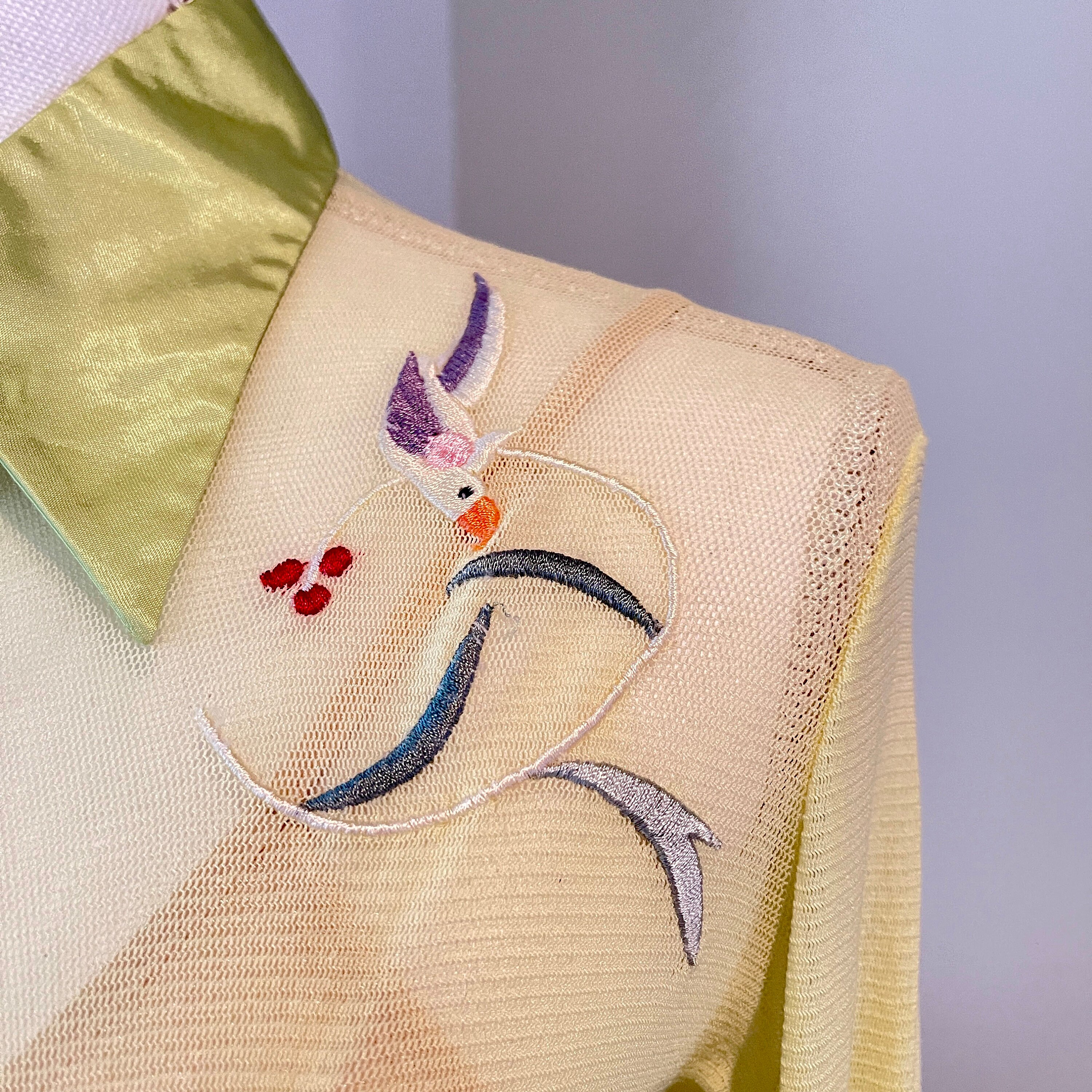 1990s Vivienne Tam Collar and Cuff Lime Green Embroidered Shirt 