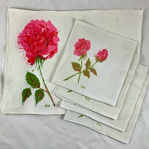 Vera Neumann 1950s Mid-Century Modern 8 Piece Rose Placemat & Napkins, Set of 8