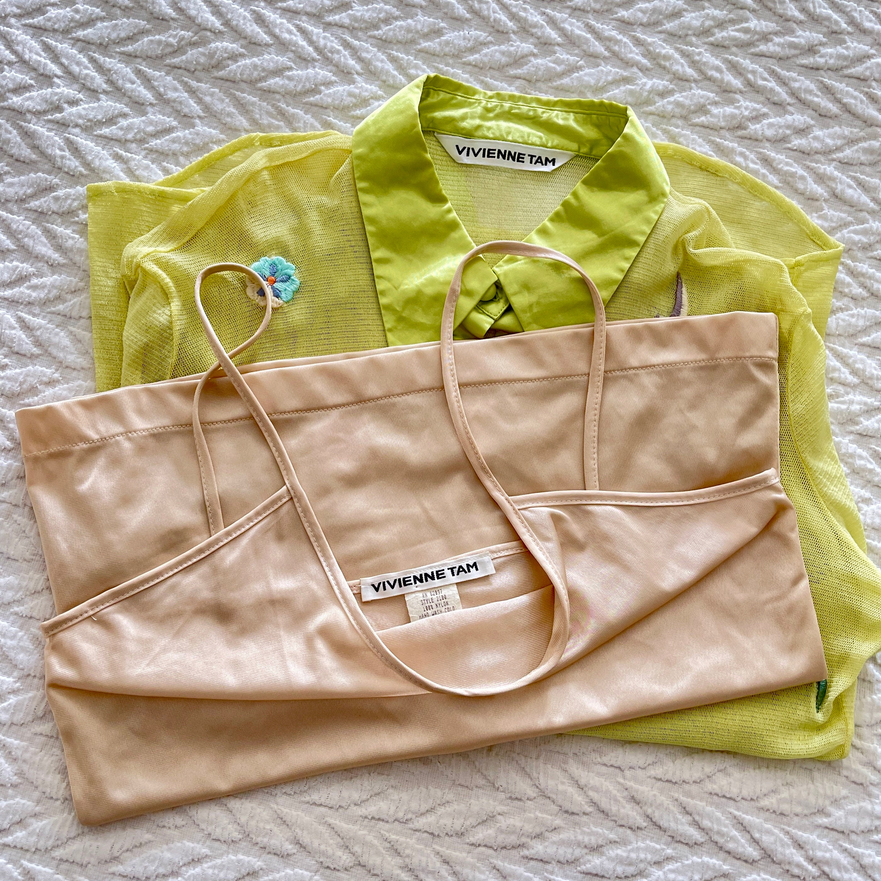 1990s Vivienne Tam Collar and Cuff Lime Green Embroidered Shirt 