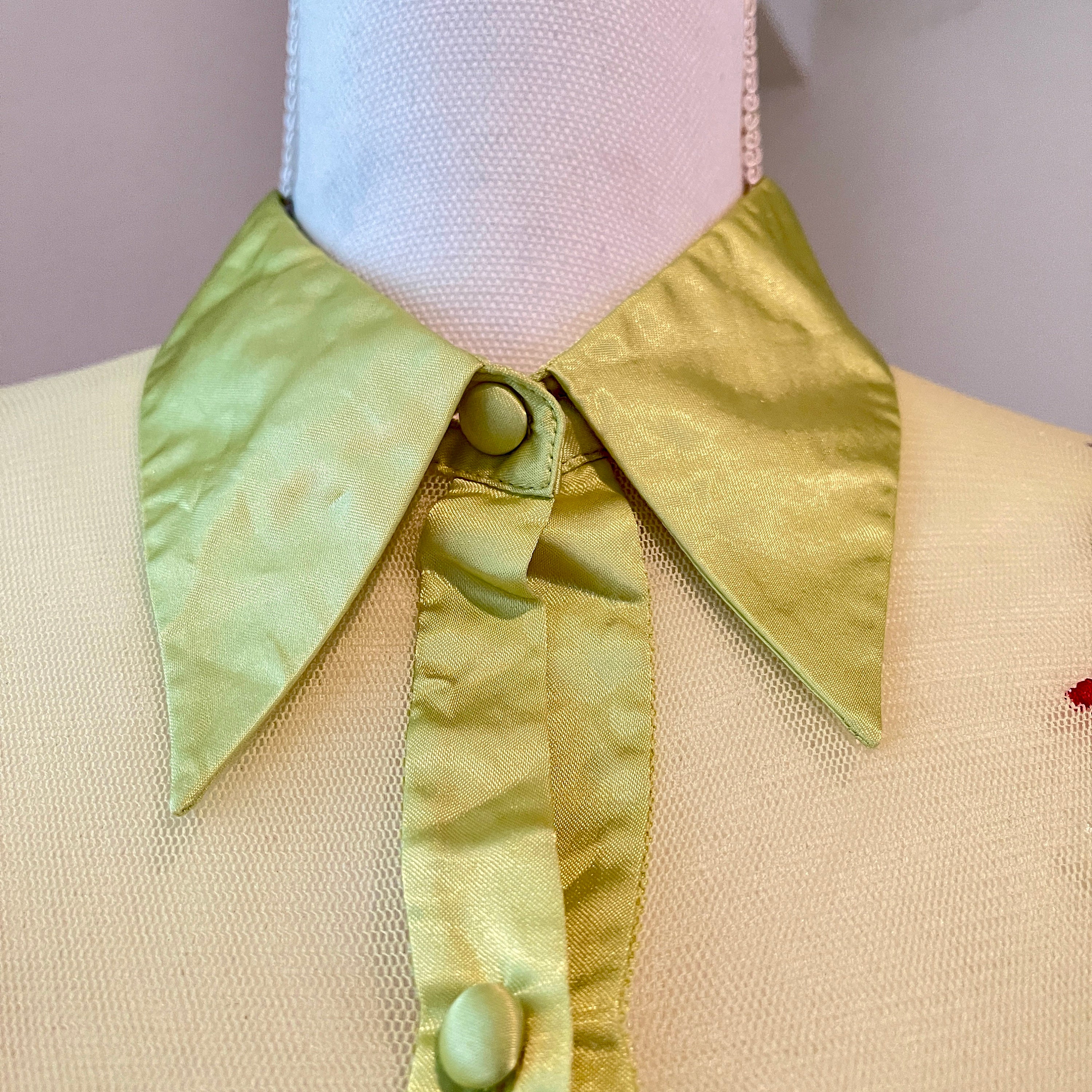 1990s Vivienne Tam Collar and Cuff Lime Green Embroidered Shirt 