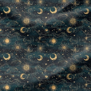 Celestial Sun Moon Star Fabric 1/2 yard - Dark Teal Gold Witchy Sky Quilting Cotton Fabric #4208-001