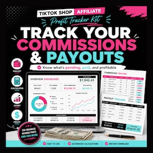 May include: A TikTok Shop affiliate profit tracker kit digital dashboard display showing commission status, earnings over time, and income summary. Includes printed commission and payout tracker sheets, a stack of US dollar bills, and a black pen.