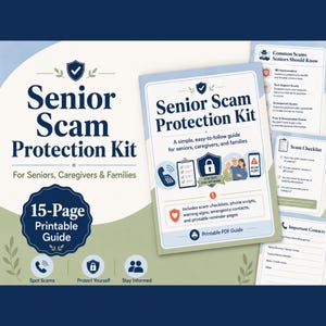 May include: A 15-page printable Senior Scam Protection Kit guide featuring a blue and white color scheme. The cover displays the title, a shield icon, illustrations of a phone, checklist, lock, and people, plus text about scam checklists and scripts.